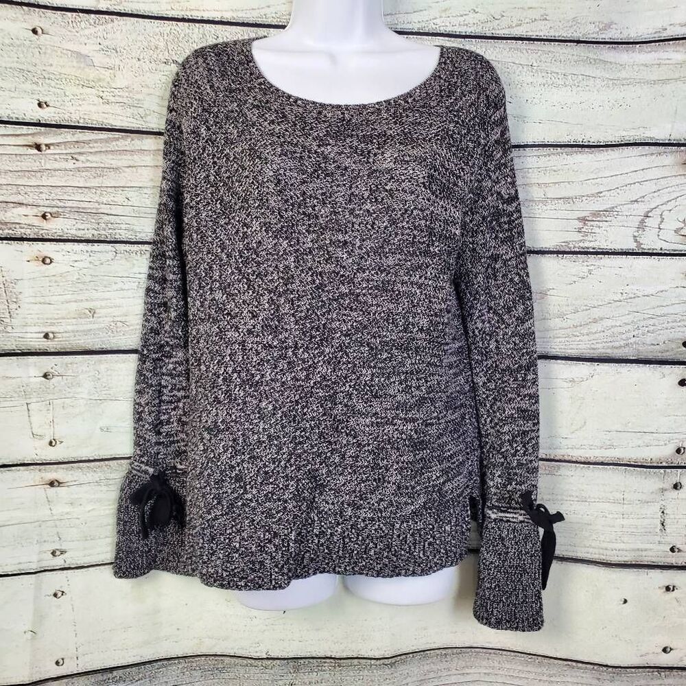 LOFT Black White Marled Knit Sweater Size Small 100% Cotton Long Sleeve Bow Cuff